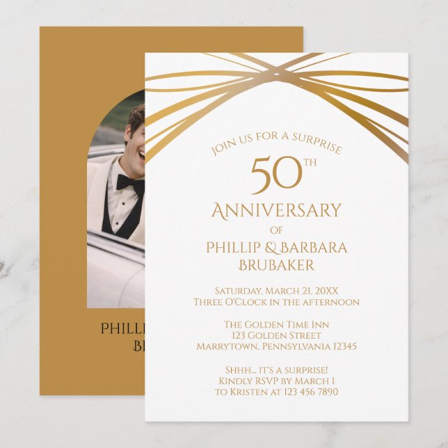 Invitación Modern Arch Photo Surprise 50th Anniversary Party (Anverso / Reverso)