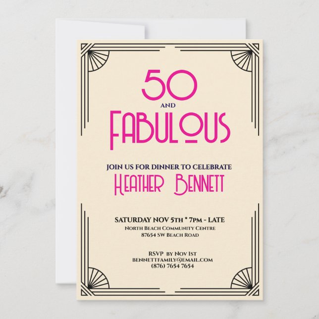 Invitación Modern Art Deco 50 and Fabulous Birthday  (Anverso)