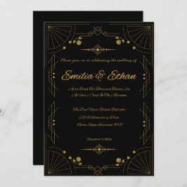 Invitación Modern Art Deco Black and Gold Wedding Invitation