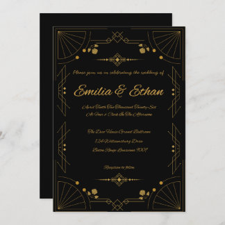 Invitación Modern Art Deco Black and Gold Wedding Invitation