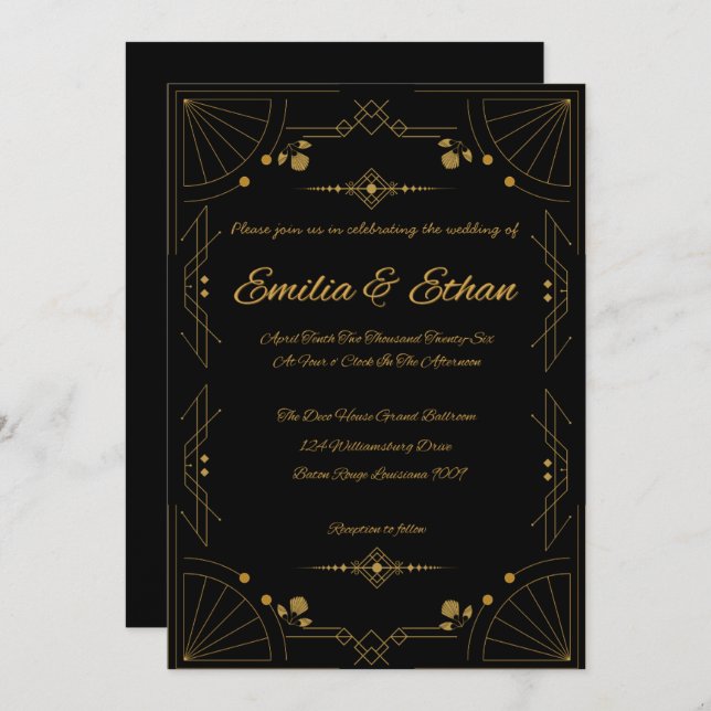 Invitación Modern Art Deco Black and Gold Wedding Invitation (Anverso / Reverso)