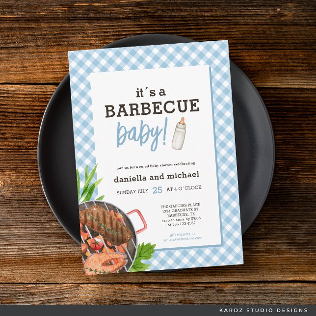 Invitación Modern Baby Blue Gingham Barbecue Baby Shower (Invite shown in 5 x 7 inches, choose size, paper and corner style. Buy print or digital invitations.)