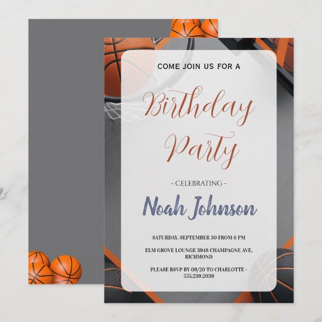 Invitación Modern Basketball-Themed Birthday (Anverso / Reverso)