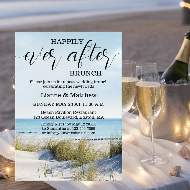 Invitación Modern Beach and Dunes Wedding Brunch (Modern script beach breakfast or brunch invitation featuring dunes overlooking a beach)