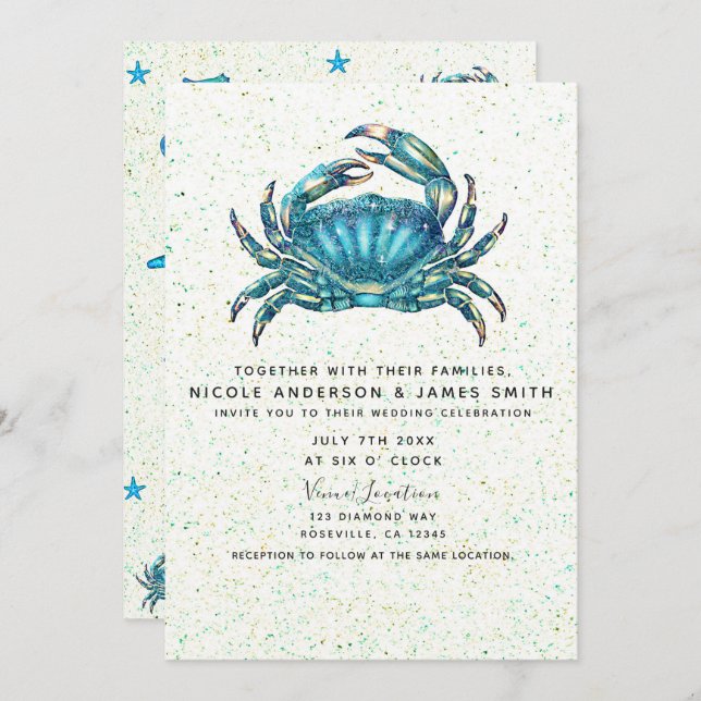 Invitación Modern Beach Blue Crab Starfish Seahorse Boda (Anverso / Reverso)