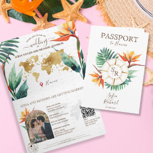 Invitación Modern Beach Destination Wedding Passport Código Q