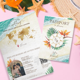 Invitación Modern Beach Destination Wedding Passport Código Q