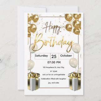 Invitación Modern Birthday Invitation Card with Golden Balloo
