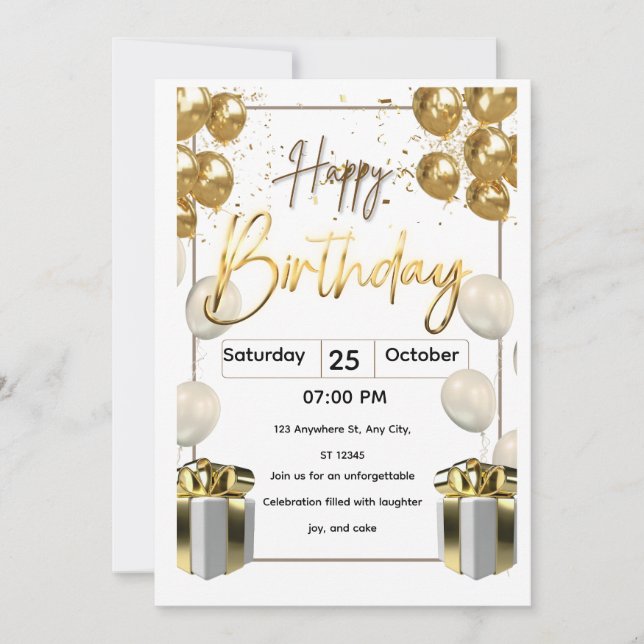 Invitación Modern Birthday Invitation Card with Golden Balloo (Anverso)