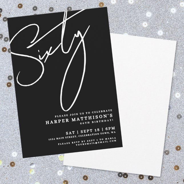 Invitación Modern Black 60th Birthday Party (Modern Black 60th Birthday Party Invitation)