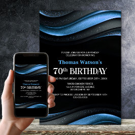 Invitación Modern Black and Blue 70th Birthday Party