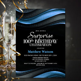 Invitación Modern Black and Blue Surprise 100th Birthday