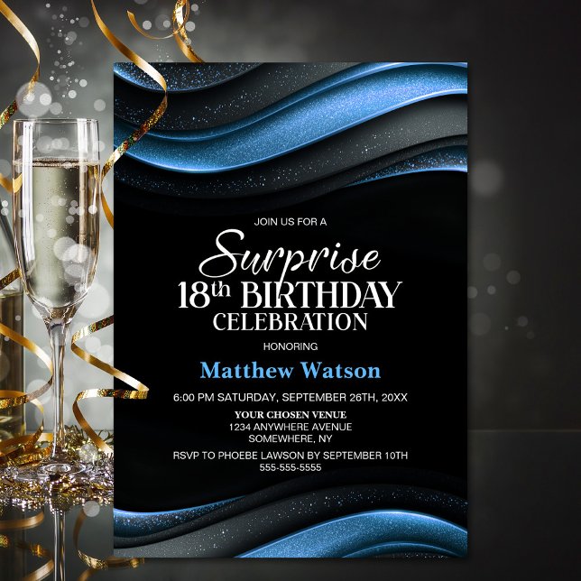 Invitación Modern Black and Blue Surprise 18th Birthday Party (Subido por el creador)
