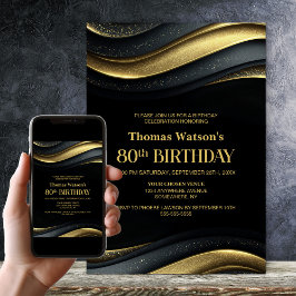 Invitación Modern Black and Gold 80th Birthday Party