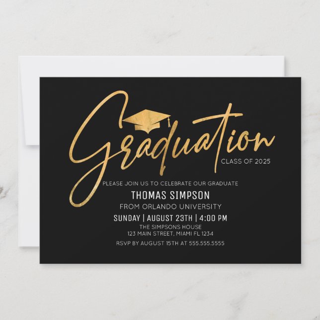 Invitación Modern black and gold Graduation Invitation (Anverso)