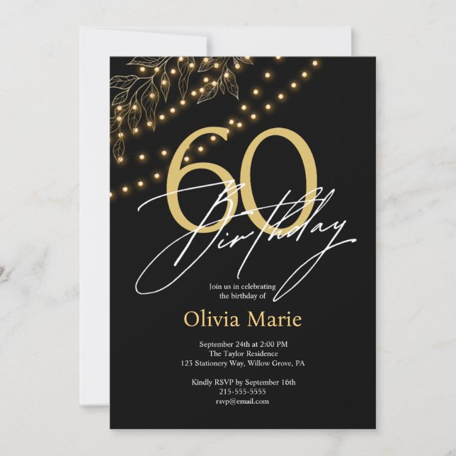 Invitación Modern Black and Gold Lights 60th Birthday (Anverso)
