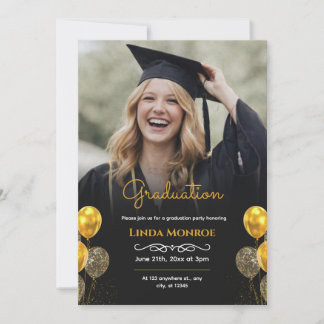 Invitación Modern Black and Gold Photo Graduation Party