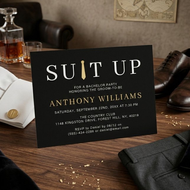 Invitación Modern Black and Gold Suit Up Bachelor Party (Subido por el creador)