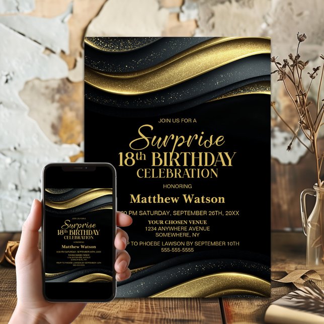 Invitación Modern Black and Gold Surprise 18th Birthday Party (Subido por el creador)