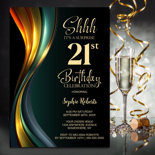 Invitación Modern Black and Gold Surprise 21st Birthday Party (Subido por el creador)