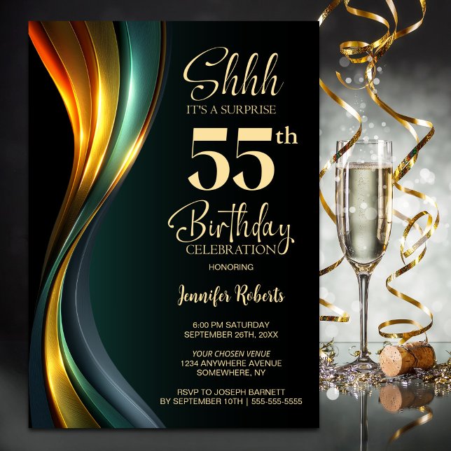 Invitación Modern Black and Gold Surprise 55th Birthday Party (Subido por el creador)