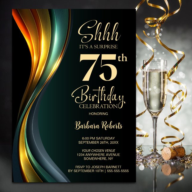 Invitación Modern Black and Gold Surprise 75th Birthday Party (Subido por el creador)