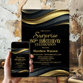 Invitación Modern Black and Gold Surprise 80th Birthday Party