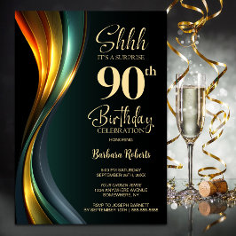 Invitación Modern Black and Gold Surprise 90th Birthday Party