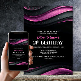 Invitación Modern Black and Pink 21st Birthday Party