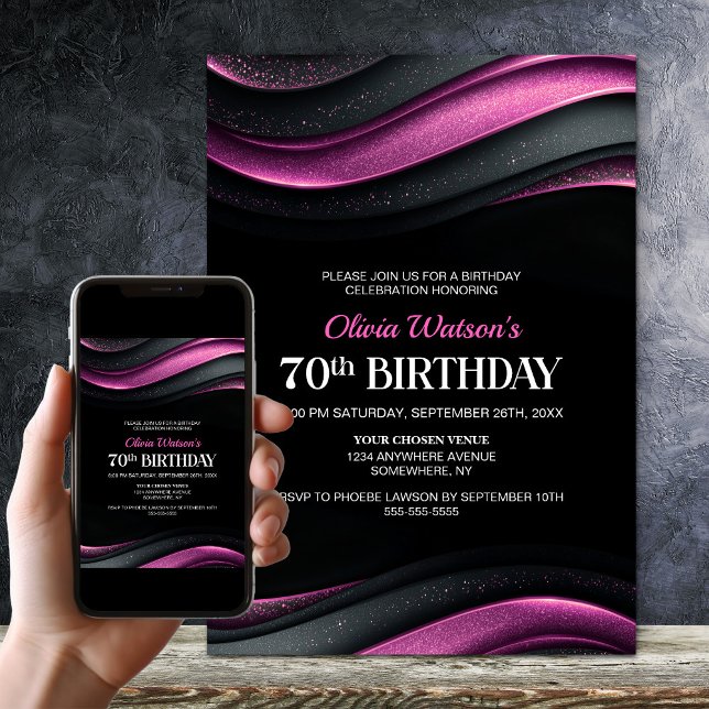 Invitación Modern Black and Pink 70th Birthday Party (Subido por el creador)