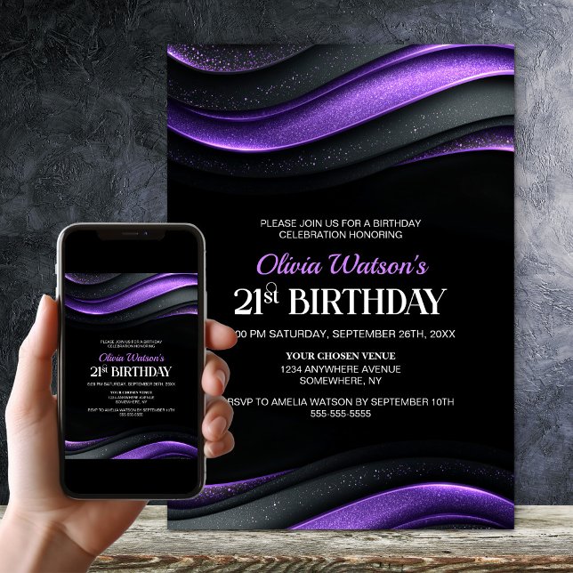 Invitación Modern Black and Purple 21st Birthday Party (Subido por el creador)