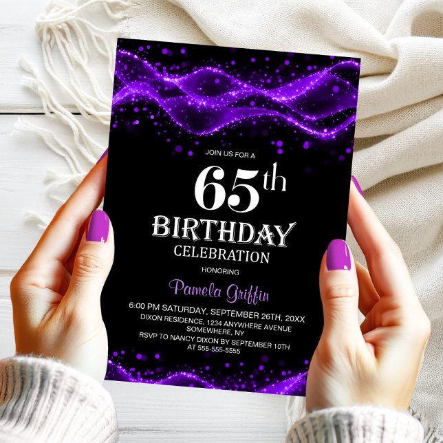 Invitación Modern Black and Purple 65th Birthday Party (Subido por el creador)