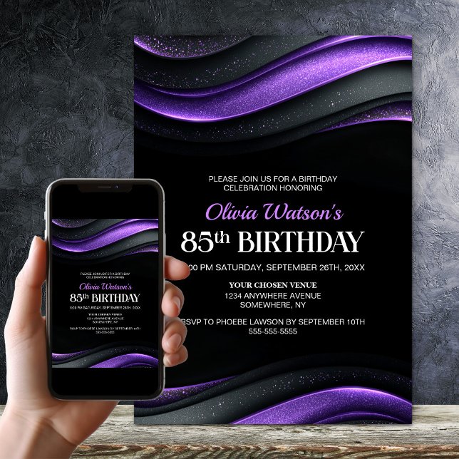 Invitación Modern Black and Purple 85th Birthday Party (Subido por el creador)