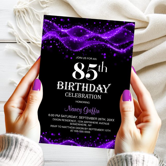 Invitación Modern Black and Purple 85th Birthday Party (Subido por el creador)