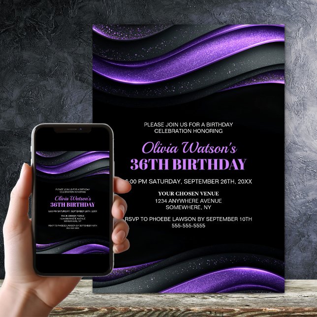 Invitación Modern Black and Purple Any Age Birthday Party (Subido por el creador)