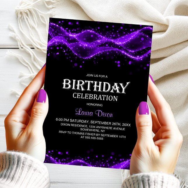 Invitación Modern Black and Purple Any Age Birthday Party (Subido por el creador)
