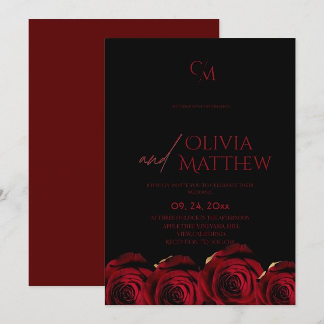 Invitación Modern Black and Red Roses Wedding (Anverso / Reverso)