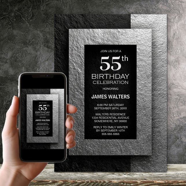 Invitación Modern Black and Silver 55th Birthday Party (Subido por el creador)