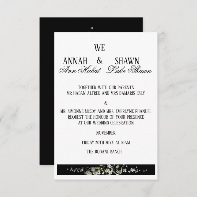 Invitación Modern Black and White Floral Wedding Invitation (Anverso / Reverso)