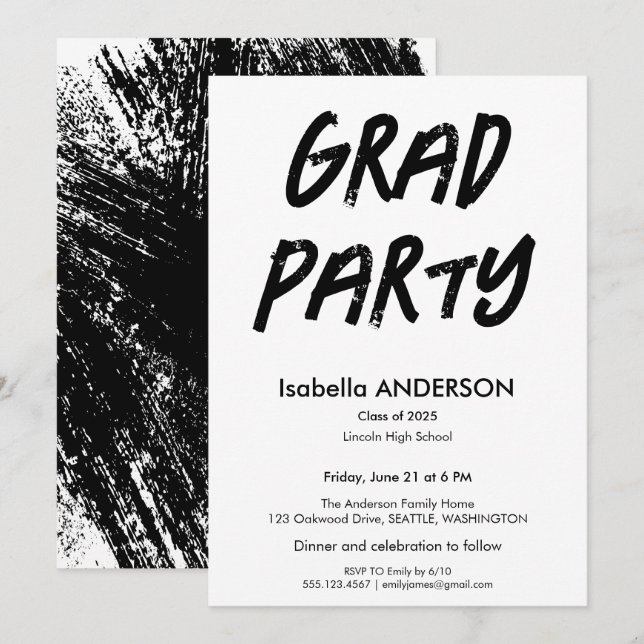 Invitación Modern Black and White Graduation Party (Anverso / Reverso)