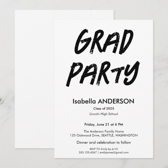 Invitación Modern Black and White Graduation Party (Anverso / Reverso)