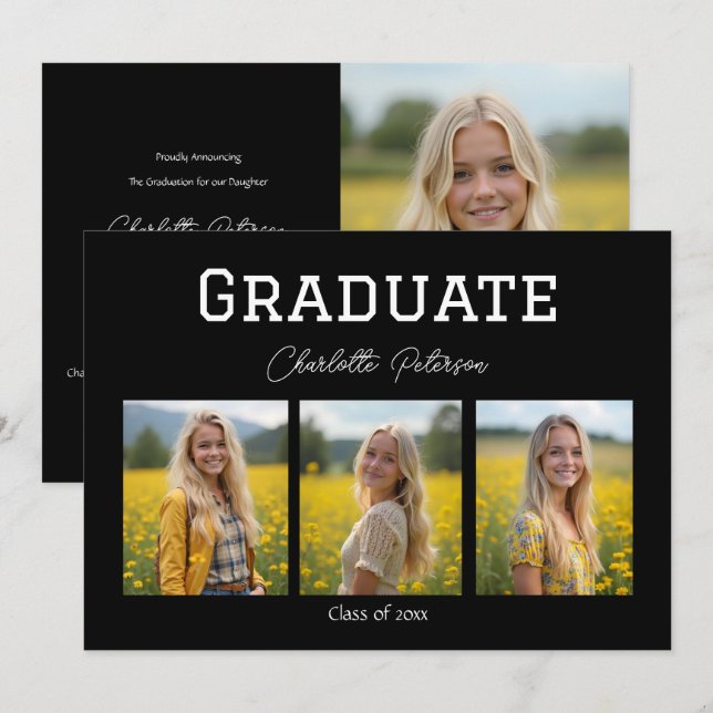 Invitación Modern Black and White Photo Grad Announcement (Anverso / Reverso)