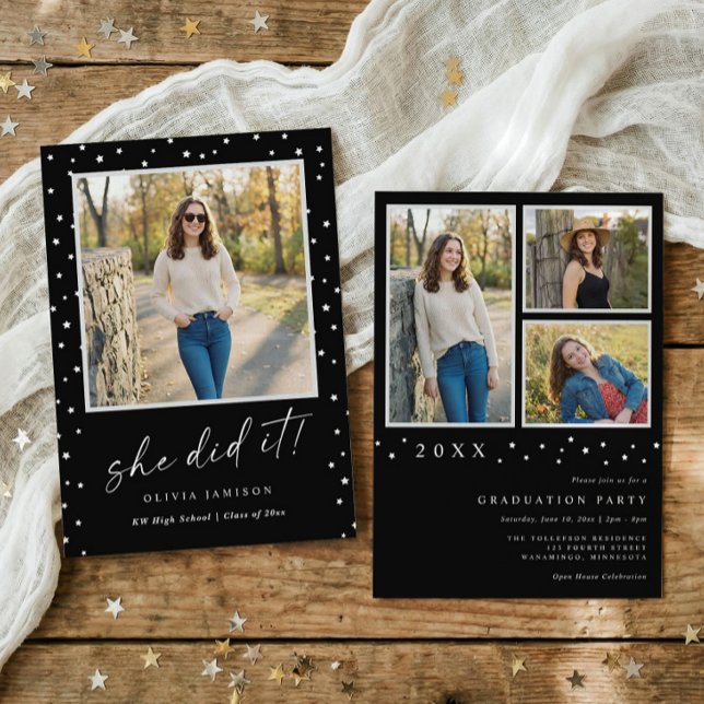 Invitación Modern Black and White Photo Graduation (Modern graduation invitation with photos, handwriting script and minimalist stars)