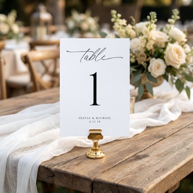 Invitación Modern Black and White Wedding Table Number Cards (modern wedding table number 5x7 minimalist elegant handwriting script reception table decor)