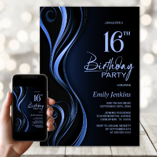 Invitación Modern Black Blue 16th Birthday Party