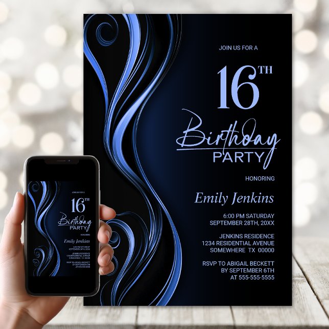 Invitación Modern Black Blue 16th Birthday Party (Subido por el creador)