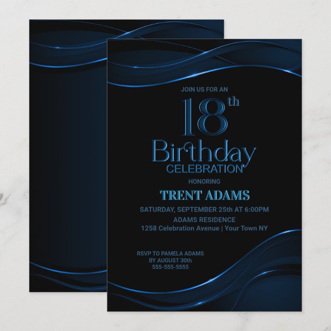 Invitación Modern Black Blue 18th Birthday Party (Anverso / Reverso)