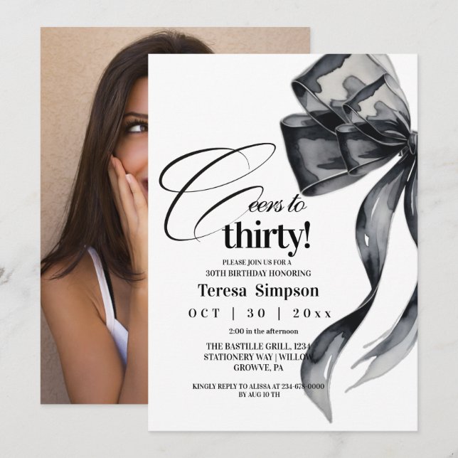 Invitación Modern Black Bow 30th Birthday Photo  (Anverso / Reverso)