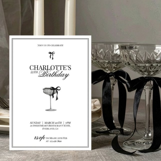 Invitación Modern Black Bow Champagne Birthday Invitation (Subido por el creador)