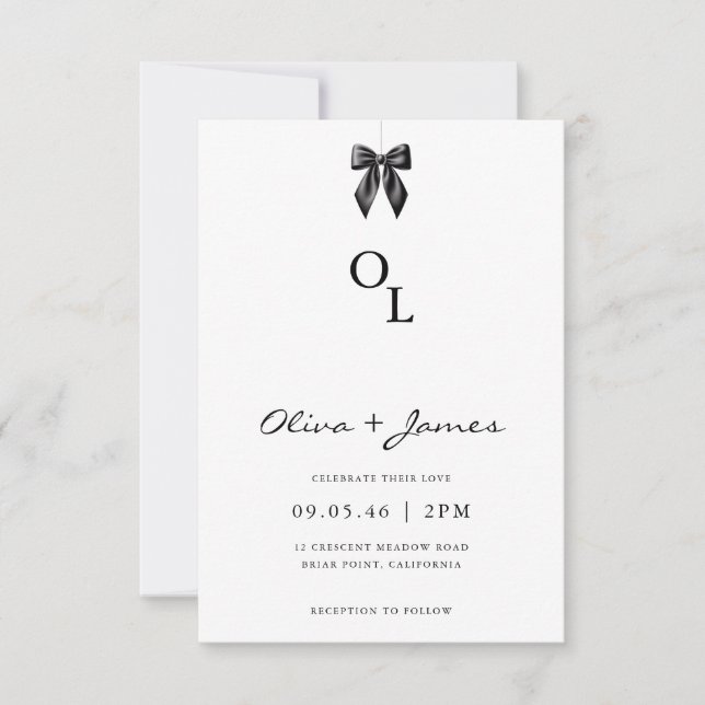 Invitación Modern Black Bow Monogram Wedding Invitation (Anverso)